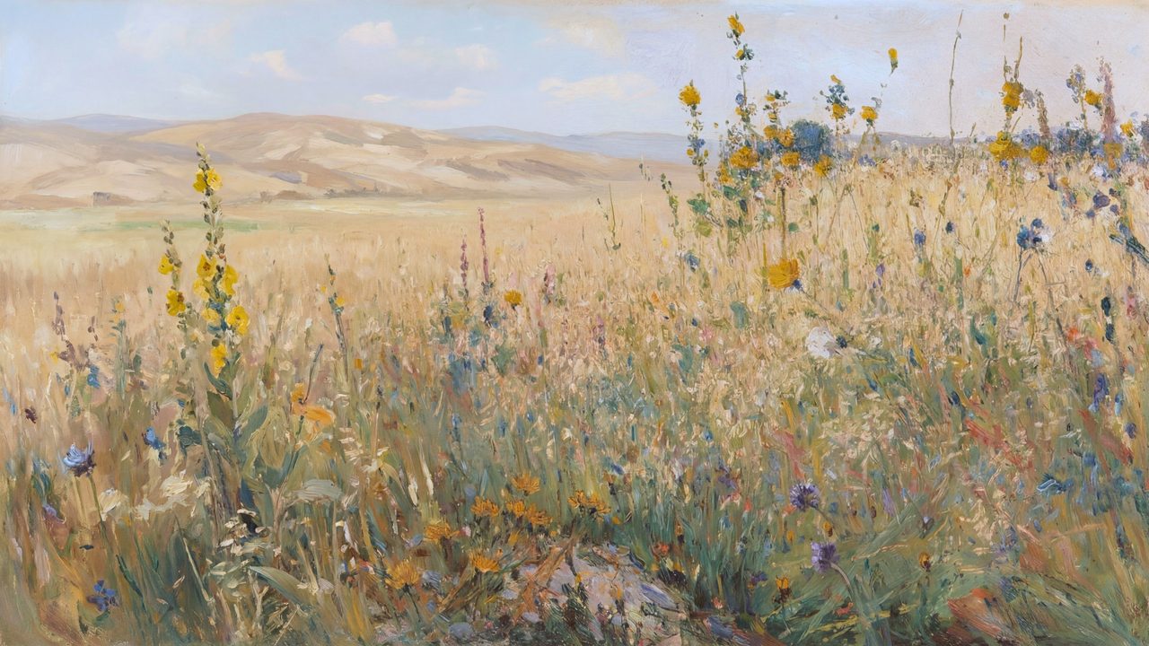 Vintage Frame TV Art, Antique Landscape Oil Painting (Wildflowers in Dune Meadow)