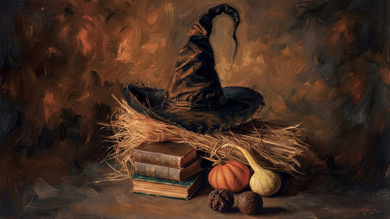 Fall Frame TV Art, Vintage Autumn Oil Painting (Witch Hat on Books)