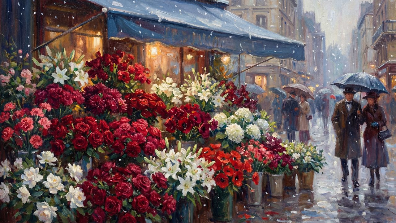 Valentine Frame TV Art, Romantic Vintage Oil Painting (Flower Market in Rain)