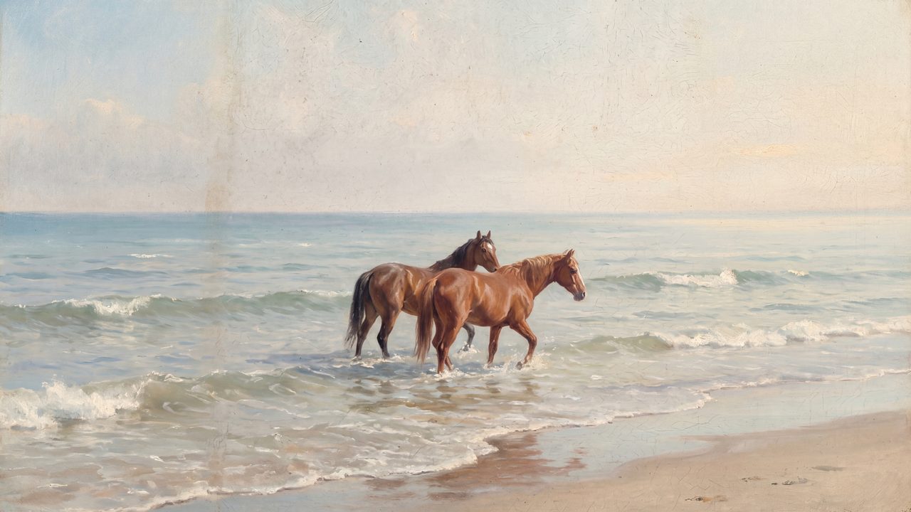 Nautical Frame TV Art, Coastal Oil Painting (Two Horses in Surf)
