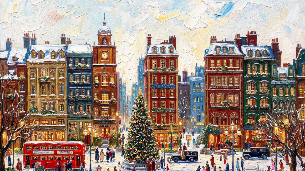 Samsung Frame TV Art Christmas City Scene • Festive European Town Winter Painting • Holiday Street With Christmas Tree