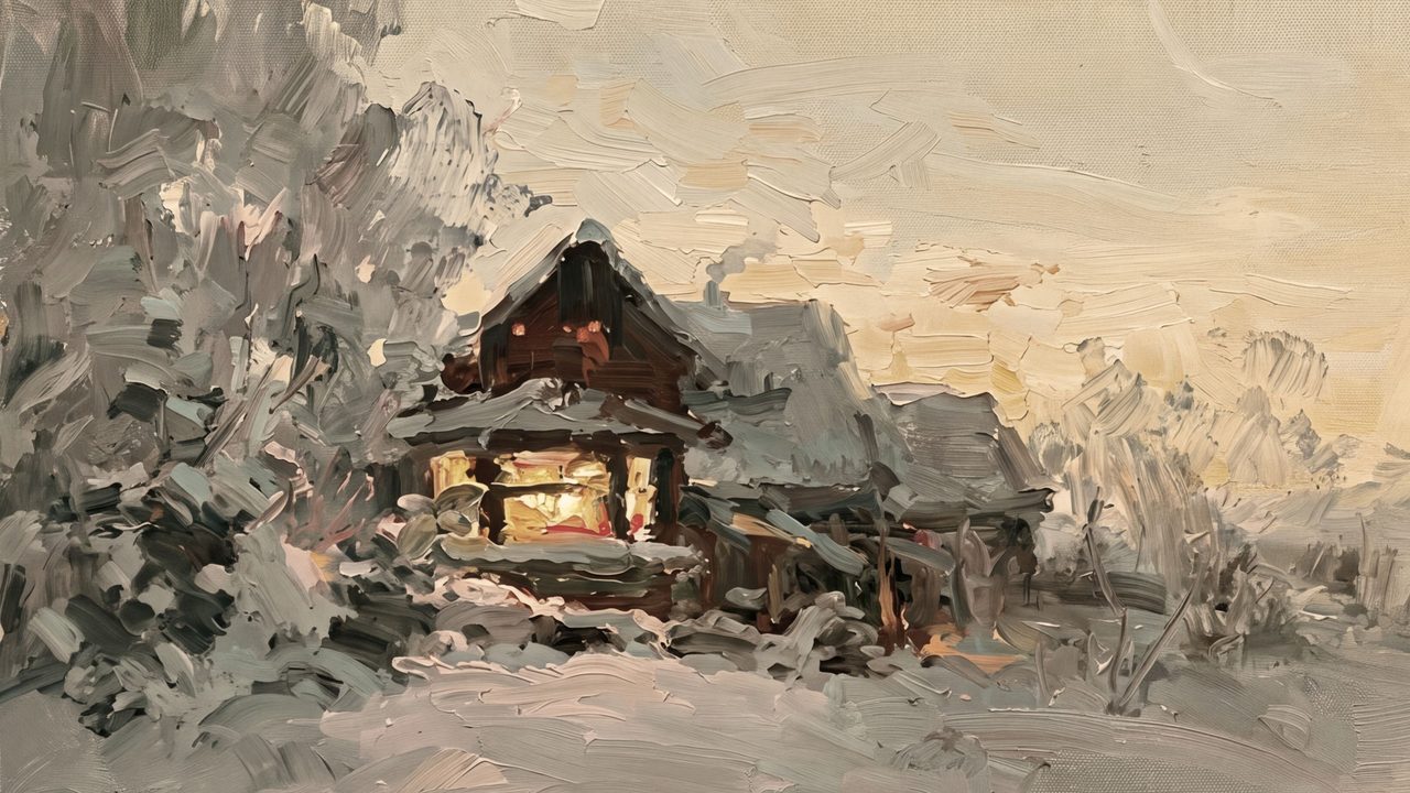 Christmas Frame TV Art, Vintage Holiday Oil Painting (Snowy Cabin at Dusk)
