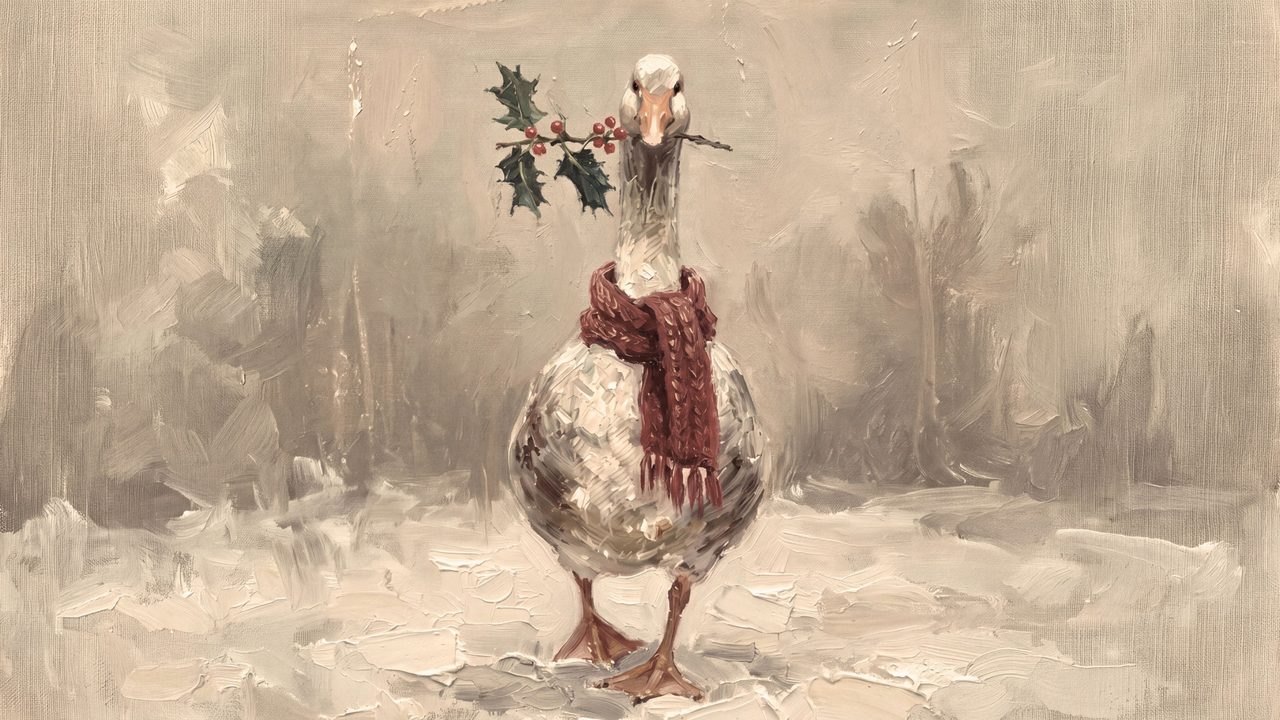 Christmas Frame TV Art, Vintage Holiday Oil Painting (Goose with Scarf and Holly)