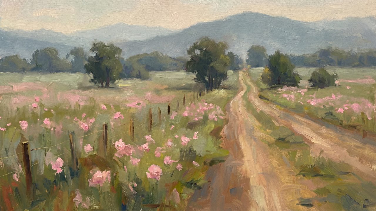 Spring Frame TV Art, Vintage Floral Landscape Oil Painting (Country Road Through Pink Field)