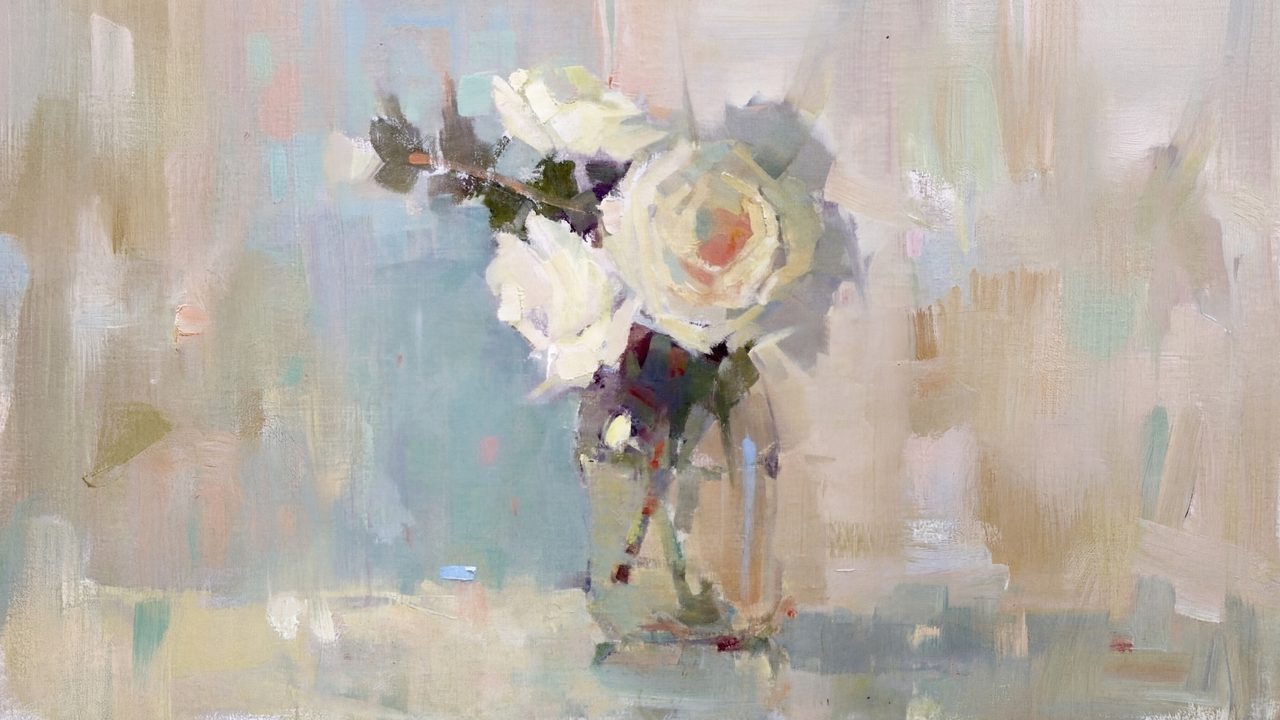 Vintage Frame TV Art, Antique Landscape Oil Painting (White Roses in Glass Vase)