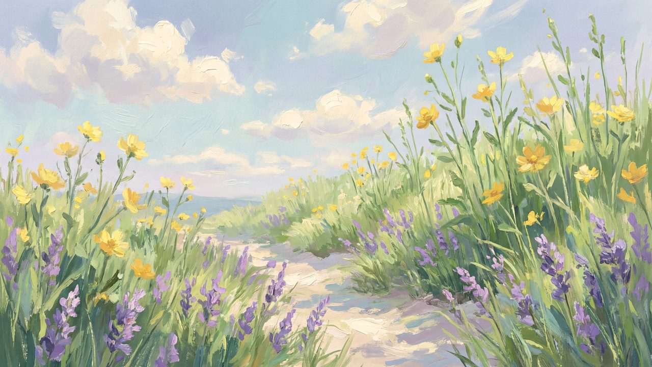 Spring Frame TV Art, Vintage Floral Landscape Oil Painting (Wildflower Path to Sea)