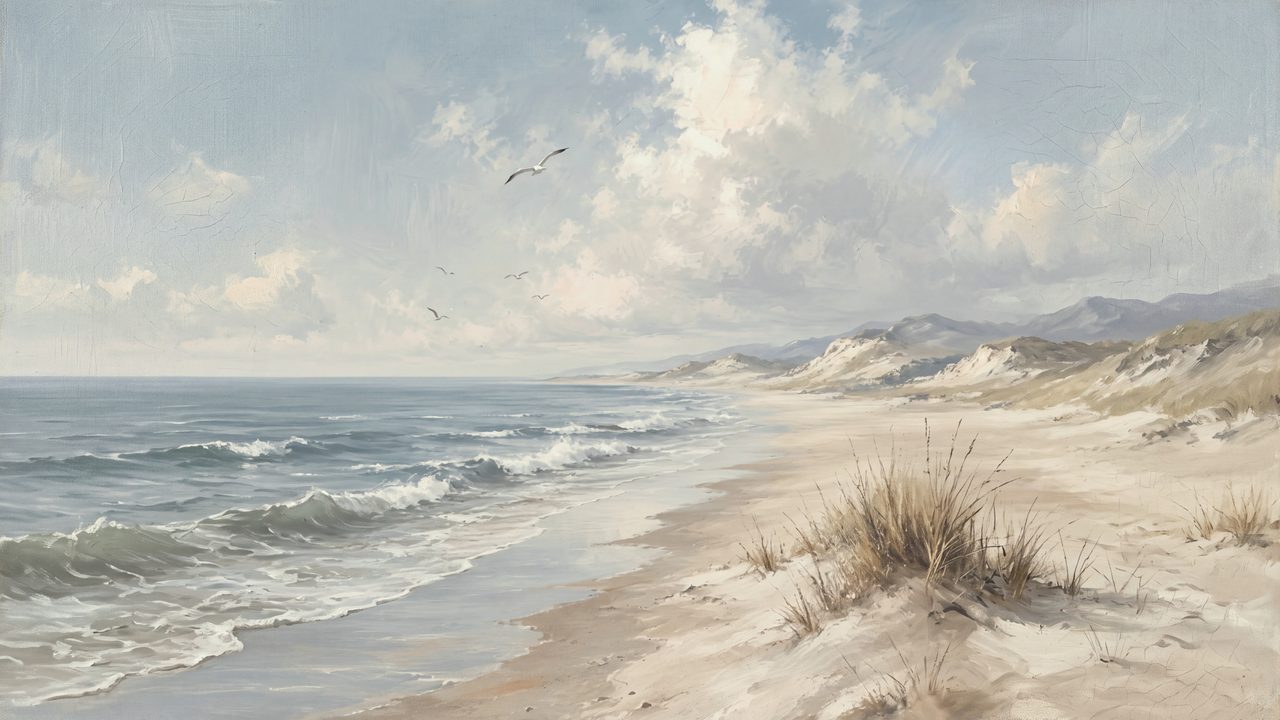 Summer Frame TV Art, Coastal Beach Oil Painting (Sandy Beach and Dunes)