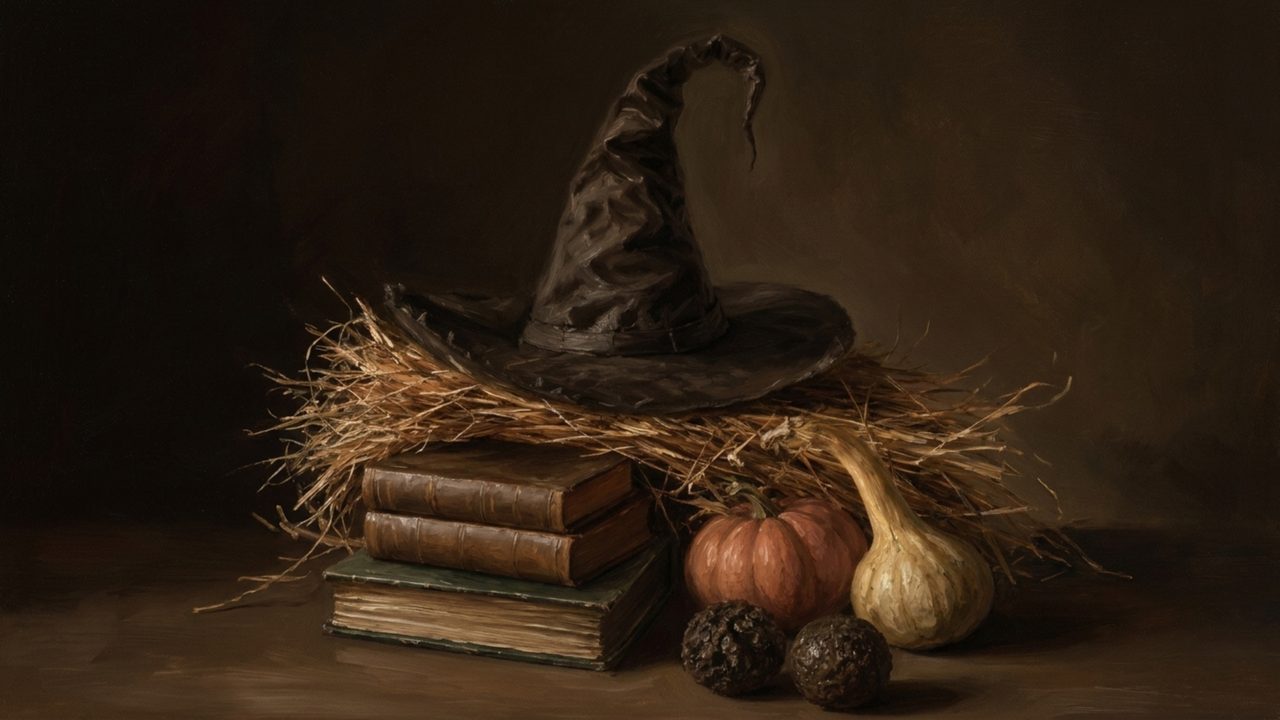 Fall Frame TV Art, Vintage Autumn Oil Painting (Witch Hat on Books 2)