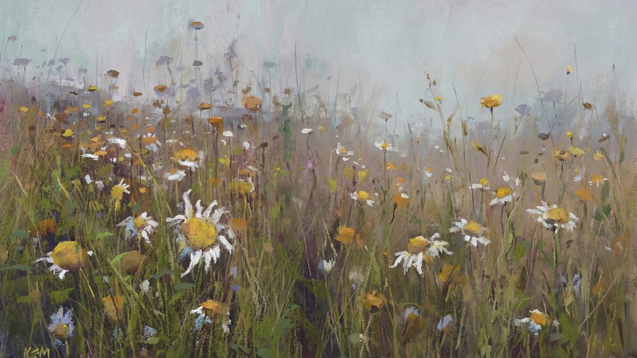 Vintage Frame TV Art, Antique Landscape Oil Painting (Wildflower Meadow with Daisies)