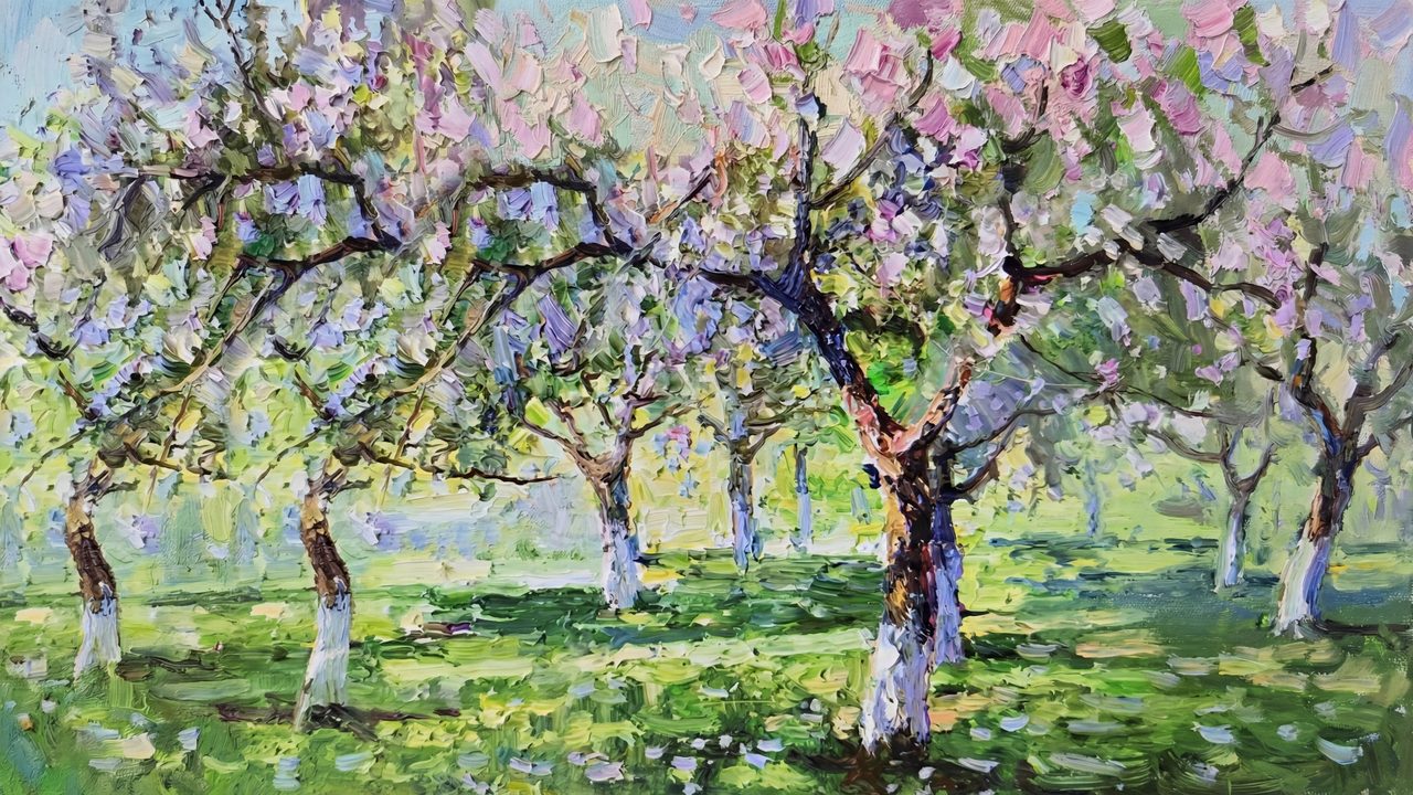Spring Frame TV Art, Vintage Floral Landscape Oil Painting (Spring Orchard in Bloom)