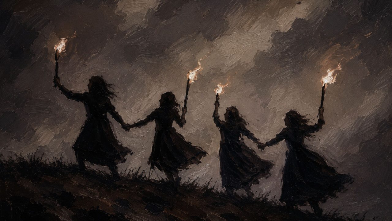 Halloween Frame TV Art, Vintage Moody Oil Painting (Witches Dancing with Torches)