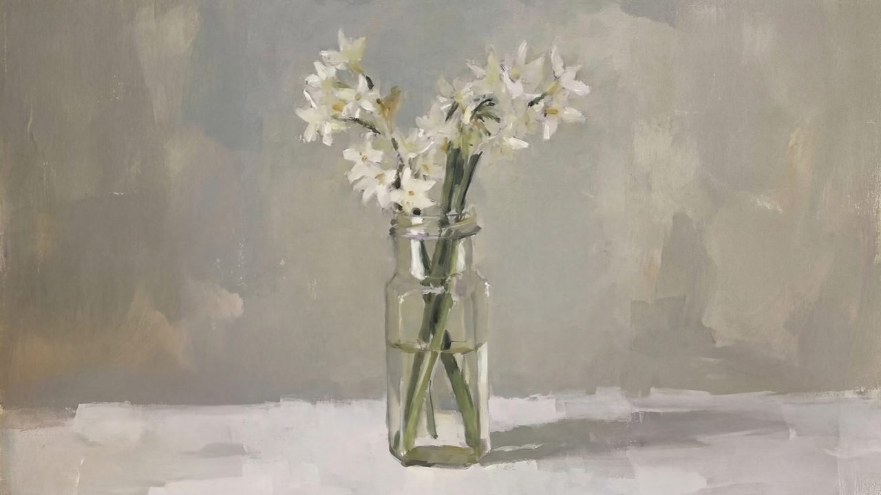 Vintage Frame TV Art, Antique Landscape Oil Painting (White Narcissus in Glass Jar)