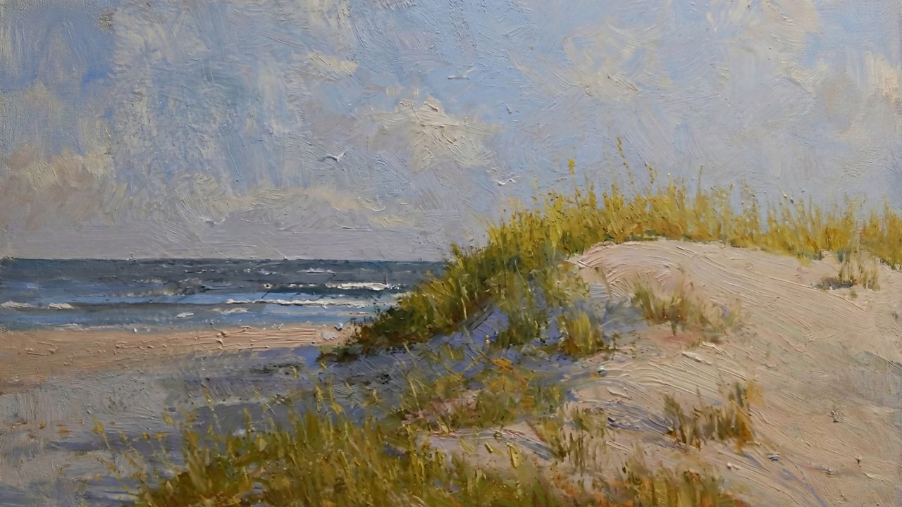 Vintage Frame TV Art, Antique Landscape Oil Painting (Grassy Dune by Sea)