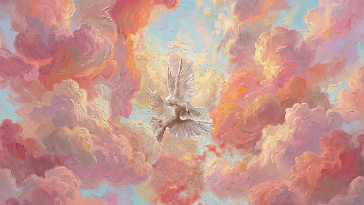 Valentine Frame TV Art, Romantic Vintage Oil Painting (Dove in Pink Clouds)