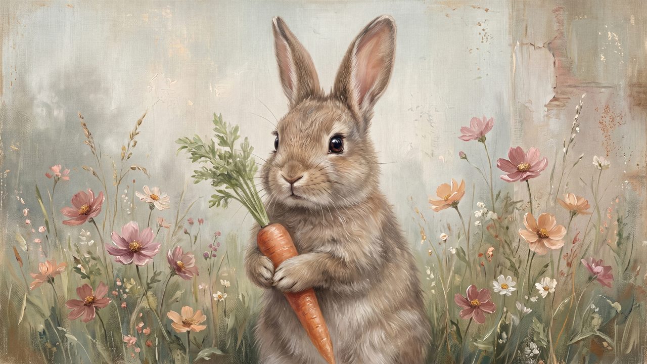 Easter Frame TV Art, Pastel Spring Oil Painting (Bunny Holding Carrot)