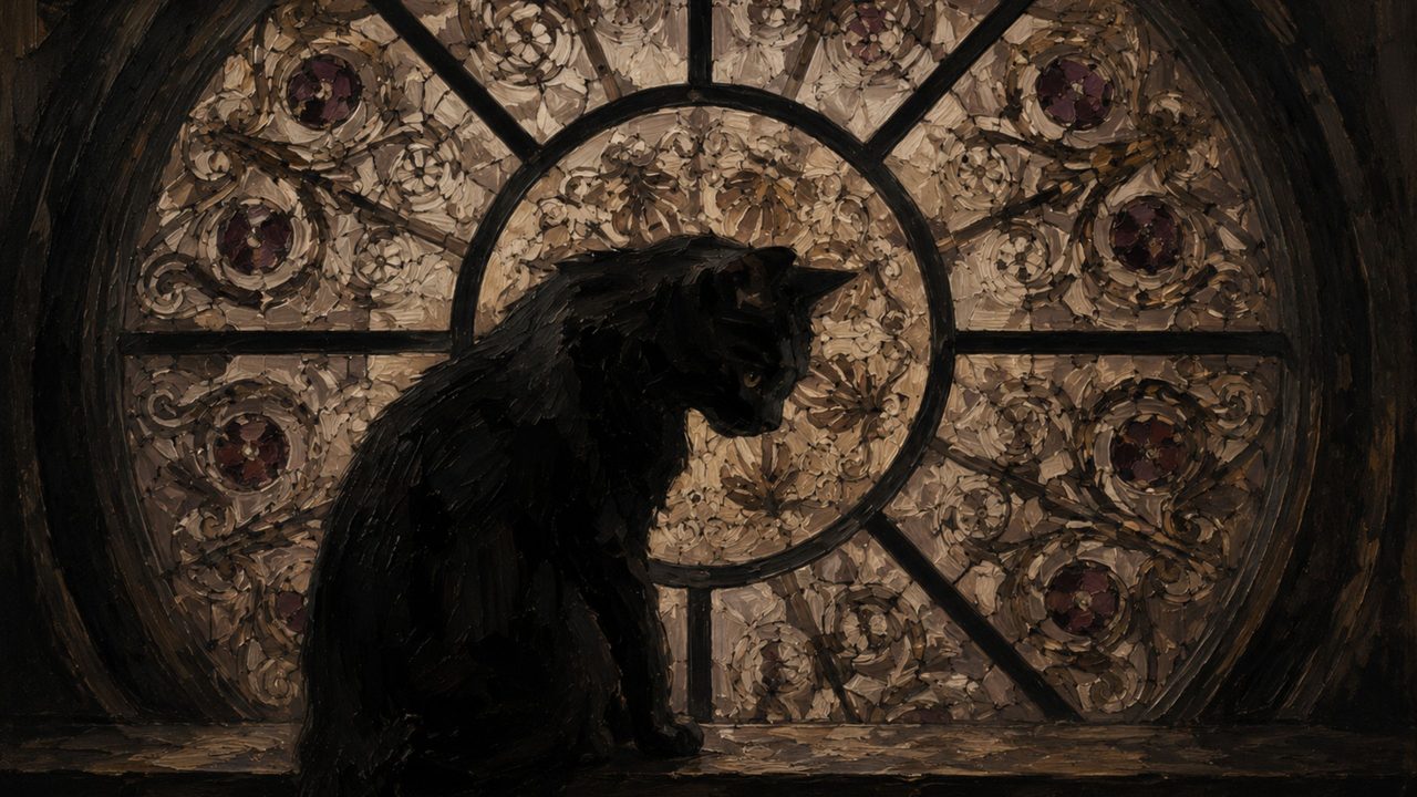 Halloween Frame TV Art, Vintage Moody Oil Painting (Black Cat at Round Window)
