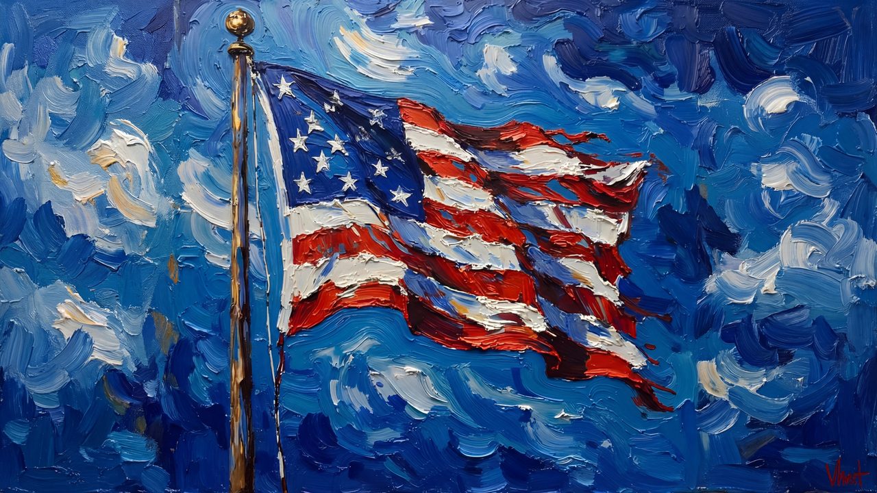 4th of July Frame TV Art, Patriotic American Oil Painting (American Flag on Pole)