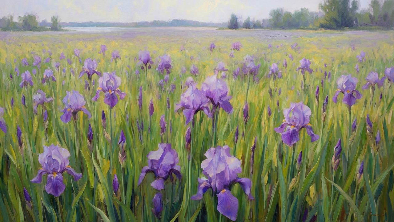 Spring Frame TV Art, Vintage Floral Landscape Oil Painting (Purple Iris Field)