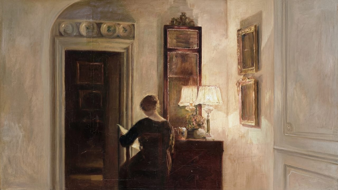 Vintage Frame TV Art, Antique Landscape Oil Painting (Woman Reading by Lamplight)