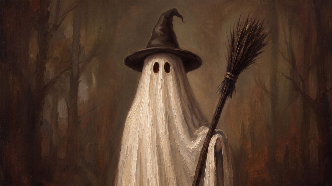 Fall Frame TV Art, Vintage Autumn Oil Painting (Ghost Witch with Broom)