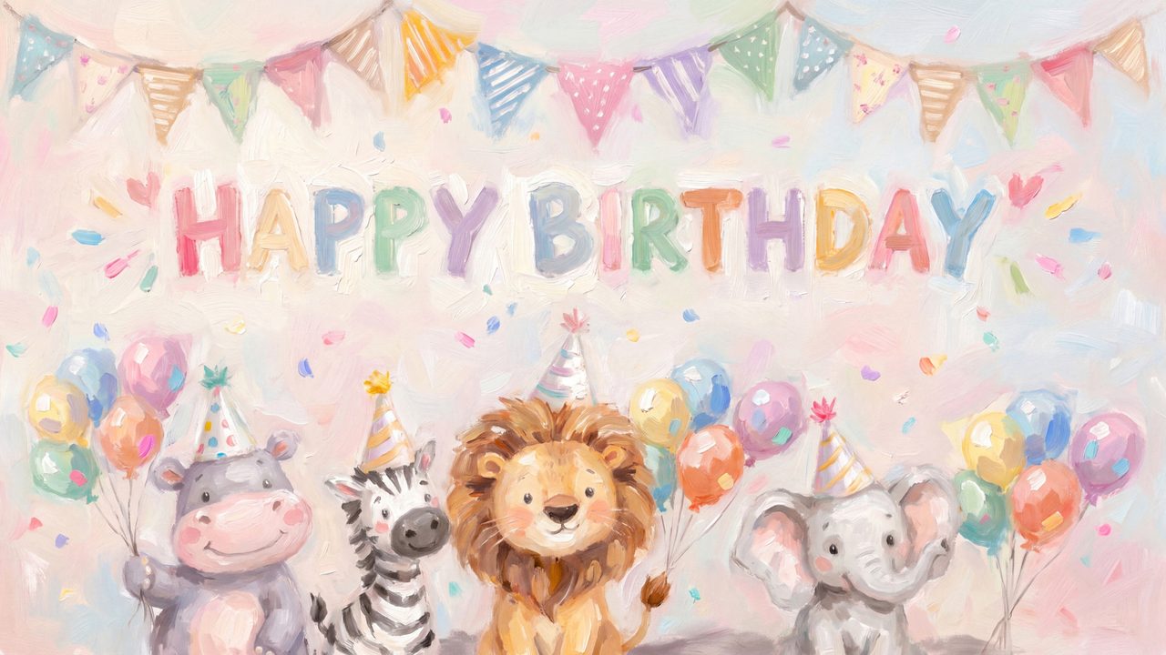 Happy Birthday Frame TV Art, Colorful Party TV Background (Safari Animals Birthday Party)
