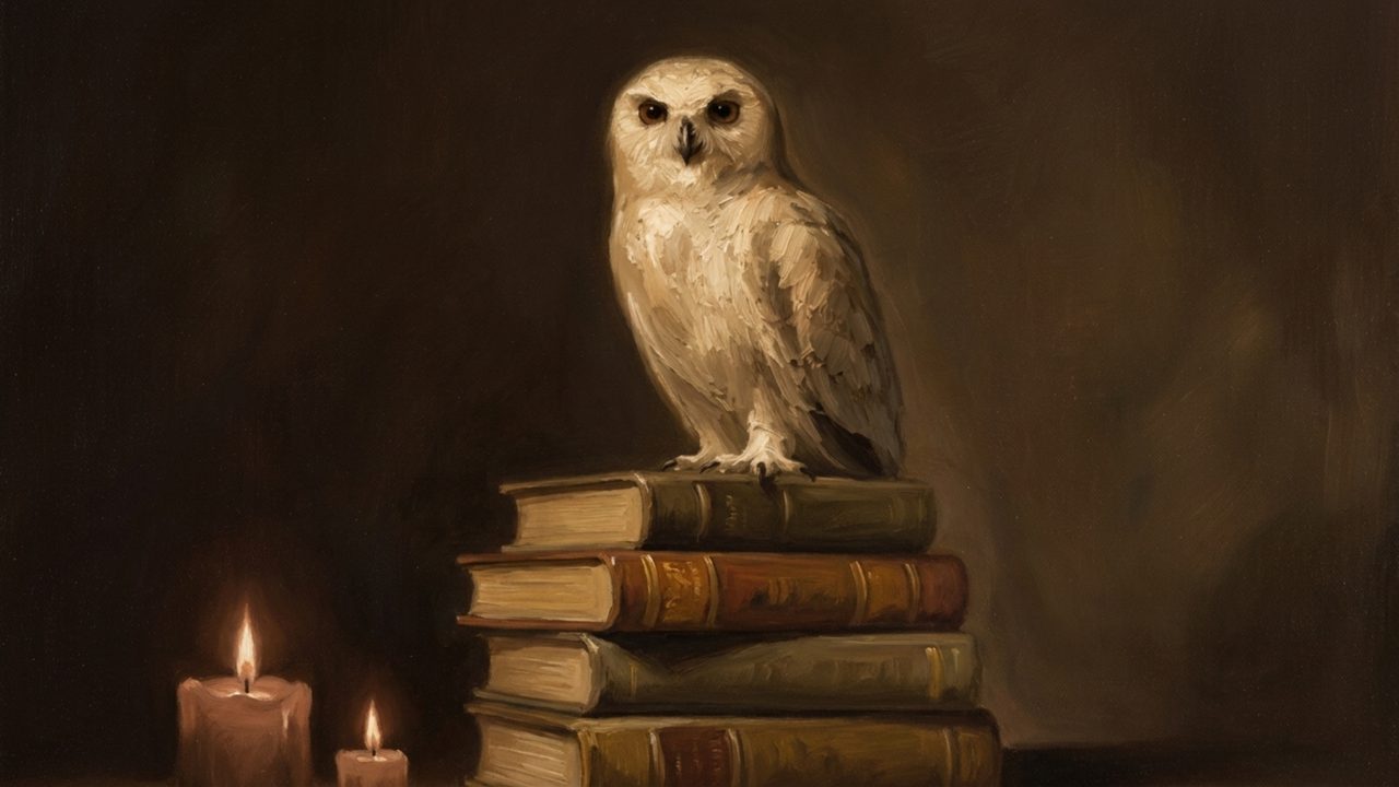 Fall Frame TV Art, Vintage Autumn Oil Painting (Owl on Stack of Books)