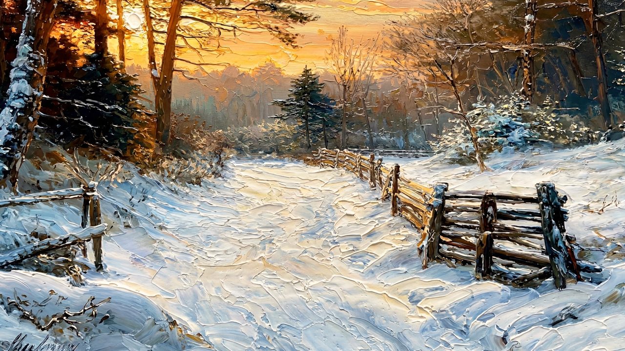 Christmas Frame TV Art, Vintage Holiday Oil Painting (Snowy Lane at Sunset)