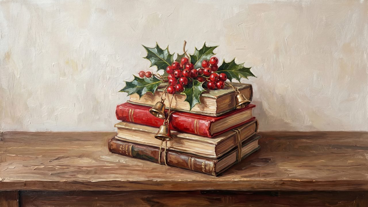 Christmas Frame TV Art, Vintage Holiday Oil Painting (Stacked Books with Holly)