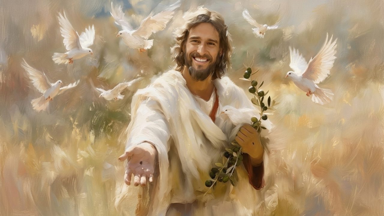 Christian Frame TV Art, Jesus Religious Oil Painting (Smiling Jesus with Doves)