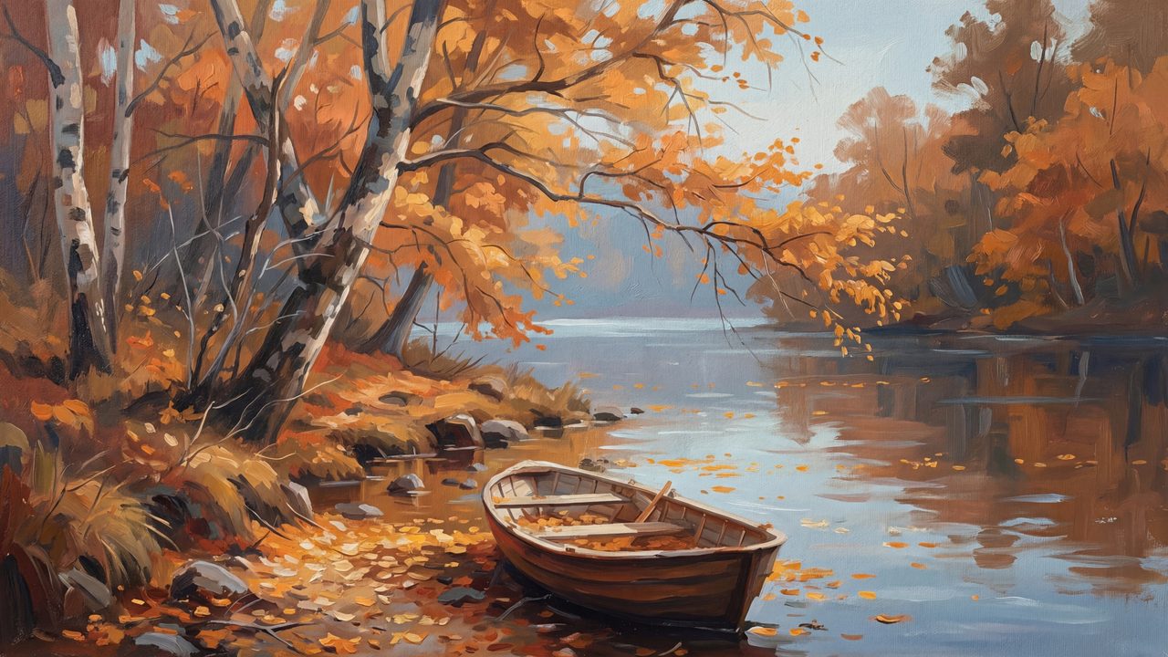 Fall Frame TV Art, Vintage Autumn Oil Painting (Rowboat on Autumn River 2)