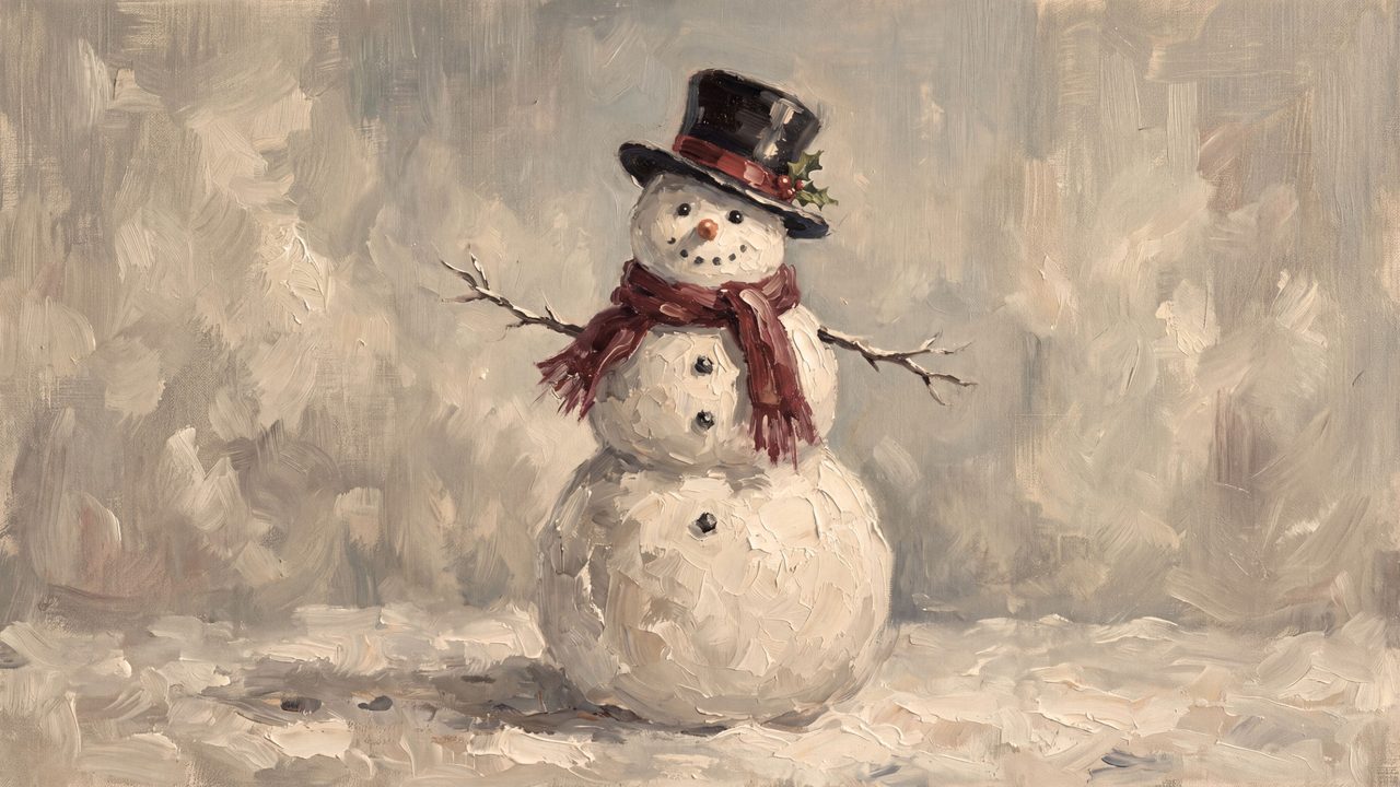 Christmas Frame TV Art, Vintage Holiday Oil Painting (Snowman with Red Scarf)