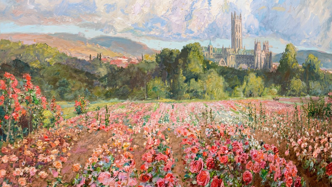 Spring Frame TV Art, Vintage Floral Landscape Oil Painting (Poppy Field near Cathedral)