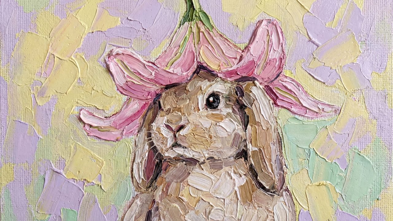 Easter Bunny with Flower Hat Samsung Frame TV Art, Spring TV Decor, Cute Rabbit Oil Painting, 4K, Holiday Screen Art