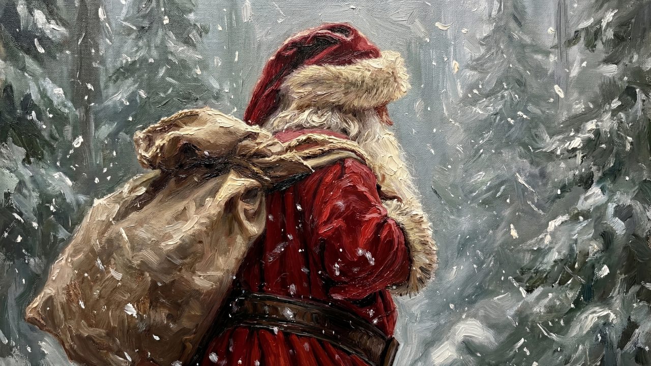 Christmas Frame TV Art, Vintage Holiday Oil Painting (Santa Carrying Sack)