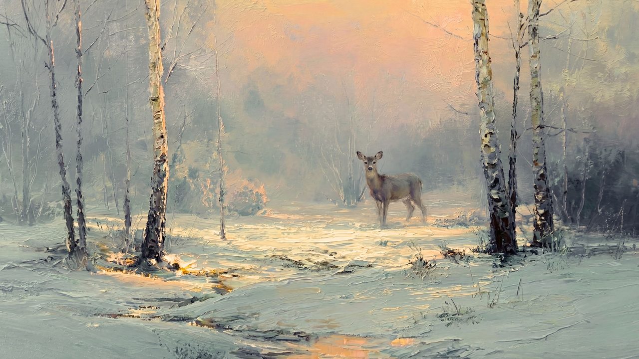 Christmas Frame TV Art, Vintage Holiday Oil Painting (Deer in Snowy Birch Forest)