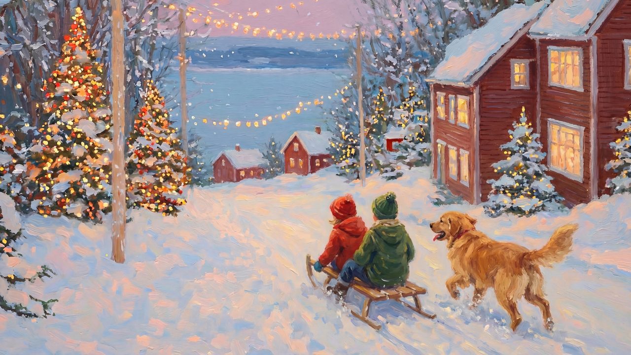 Winter Sledding Scene Samsung Frame TV Art • Cozy Christmas Village Wall Art • Snowy Holiday Painting • Vintage Winter