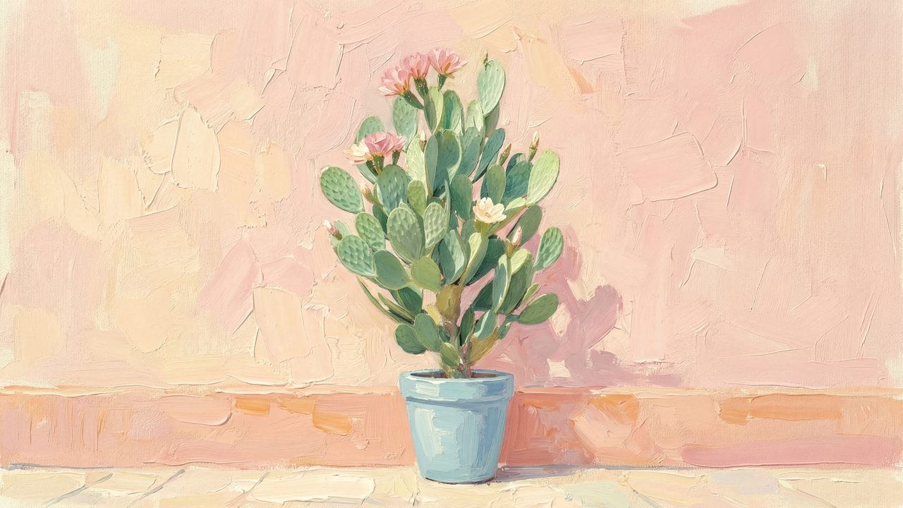Spring Frame TV Art, Vintage Floral Landscape Oil Painting (Potted Cactus on Pink Wall)