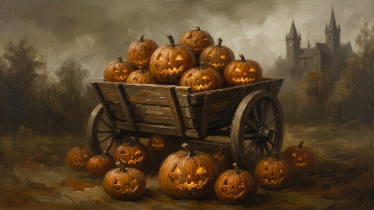 Fall Frame TV Art, Vintage Autumn Oil Painting (Cart of Jack O Lanterns)