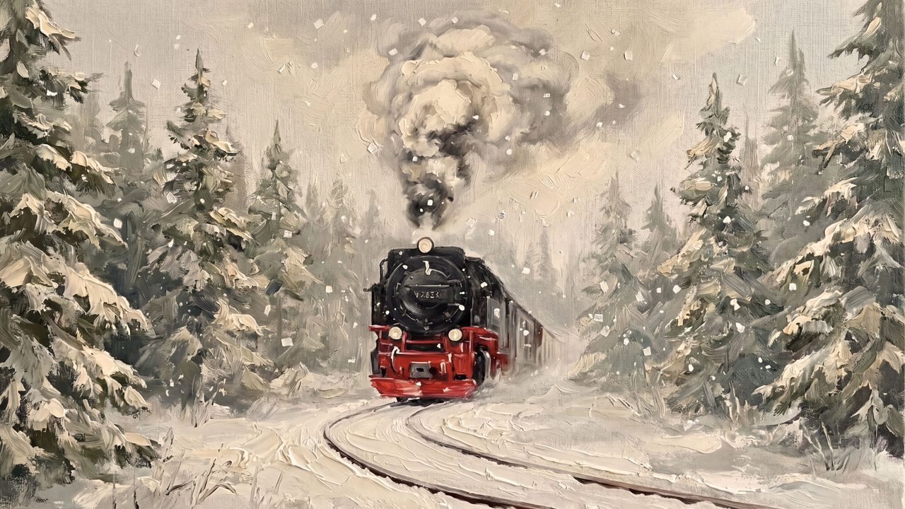 Christmas Frame TV Art, Vintage Holiday Oil Painting (Steam Train Through Pines)
