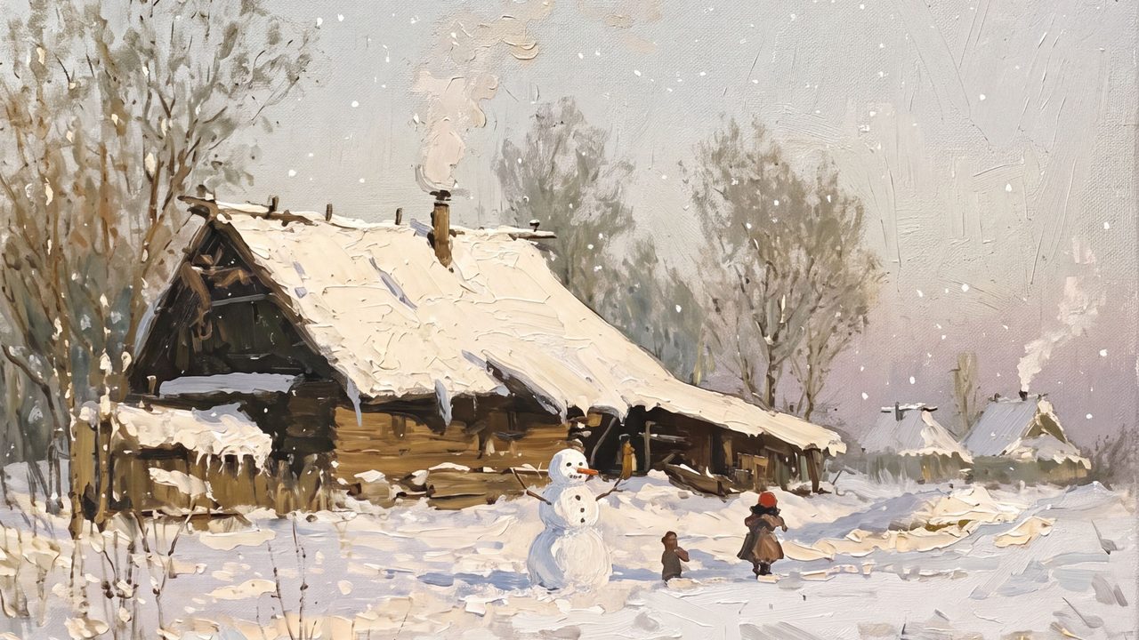 Christmas Frame TV Art, Vintage Holiday Oil Painting (Log Cabin with Snowman)
