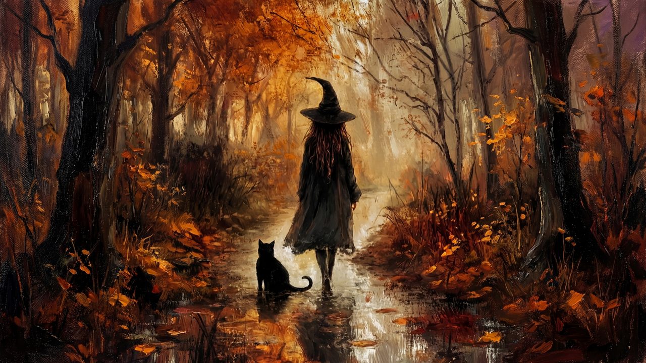Halloween Frame TV Art, Vintage Moody Oil Painting (Witch and Cat on Forest Path)