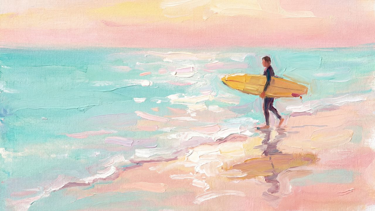 Summer Frame TV Art, Coastal Beach Oil Painting (Surfer Walking on Shore)