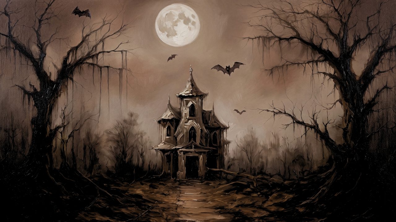 Fall Frame TV Art, Vintage Autumn Oil Painting (Haunted House in Dead Woods)