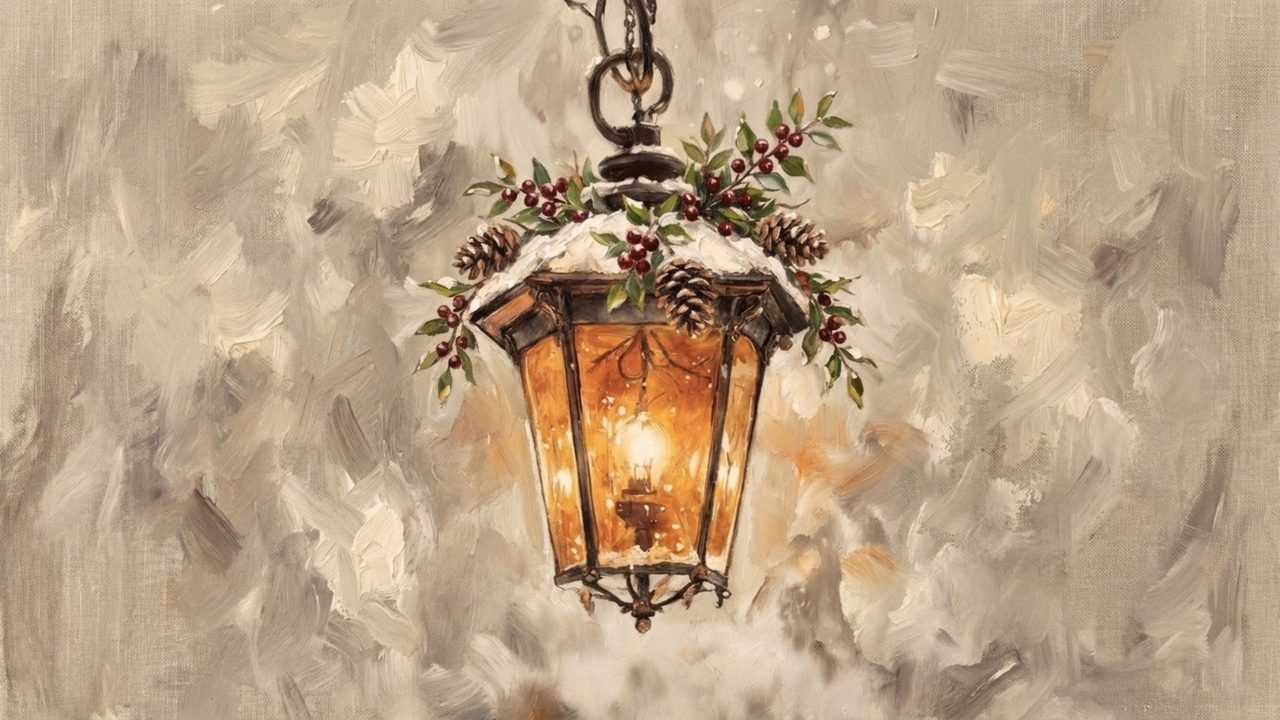 Christmas Frame TV Art, Vintage Holiday Oil Painting (Lantern with Holly)