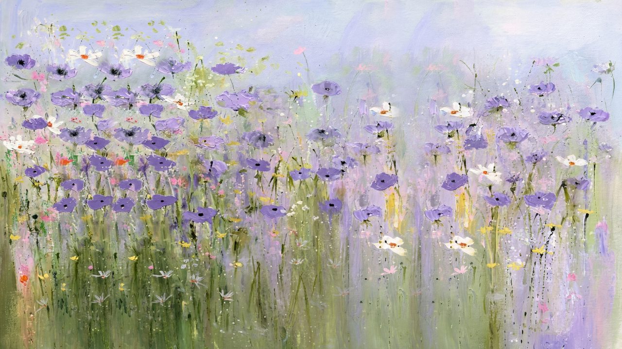 Spring Frame TV Art, Vintage Floral Landscape Oil Painting (Purple Wildflowers in Mist)