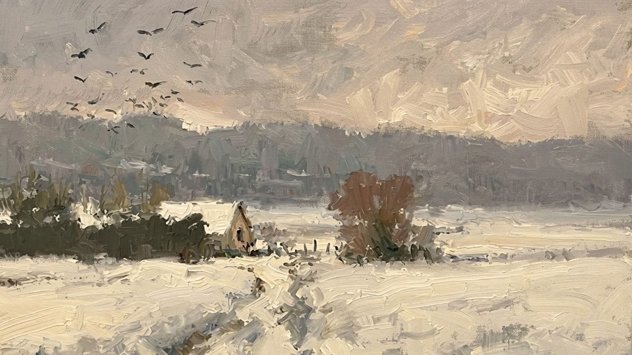 Christmas Frame TV Art, Vintage Holiday Oil Painting (Winter Farmland)