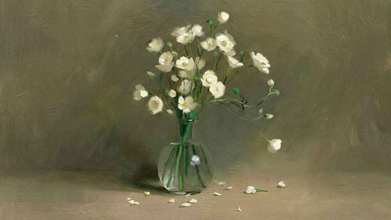 Vintage Frame TV Art, Antique Landscape Oil Painting (White Flowers in Glass Vase)