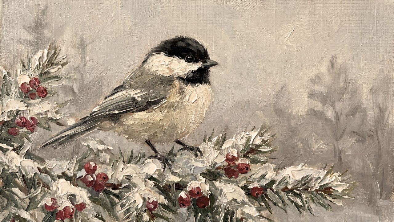 Christmas Frame TV Art, Vintage Holiday Oil Painting (Chickadee on Holly)