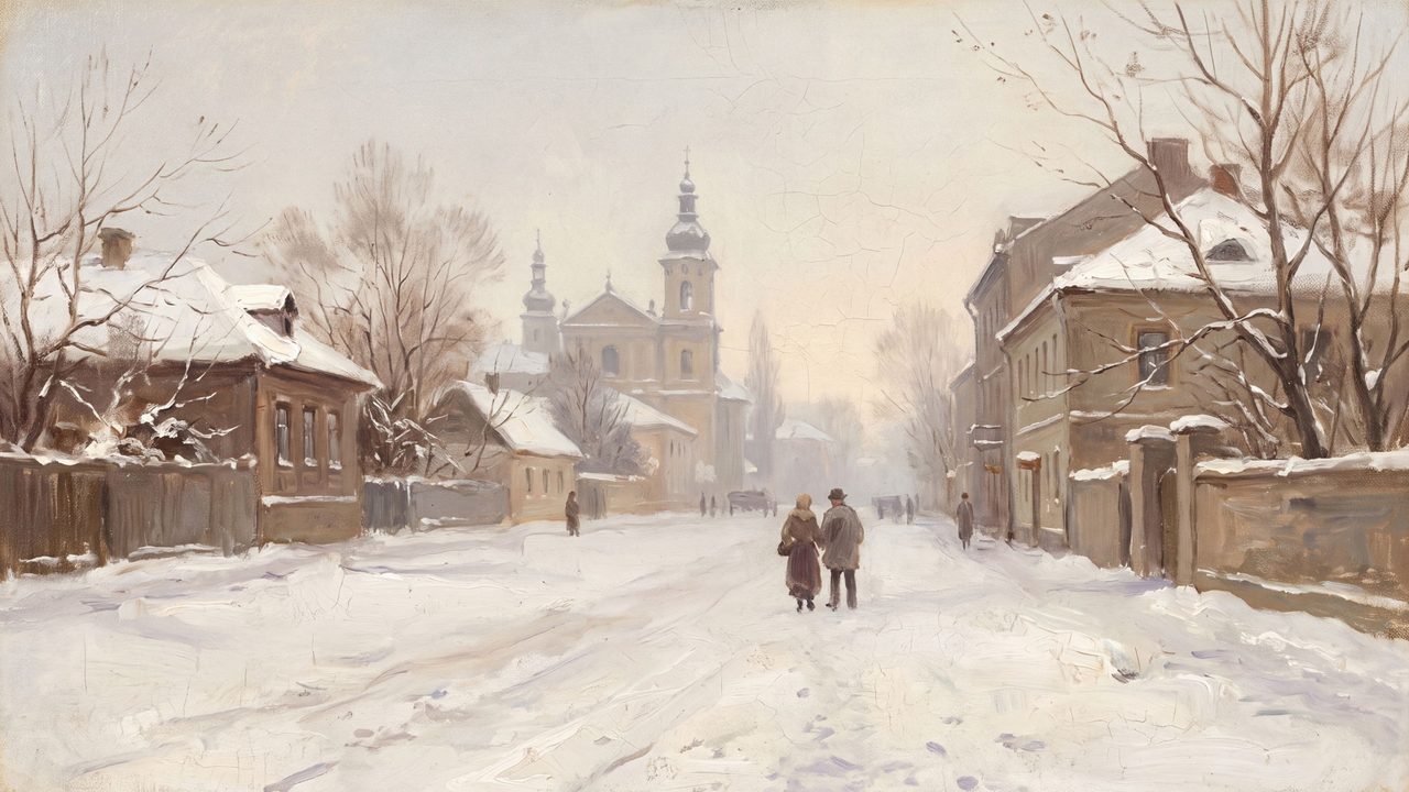 Christmas Frame TV Art, Vintage Holiday Oil Painting (Snowy Town Road with Church)