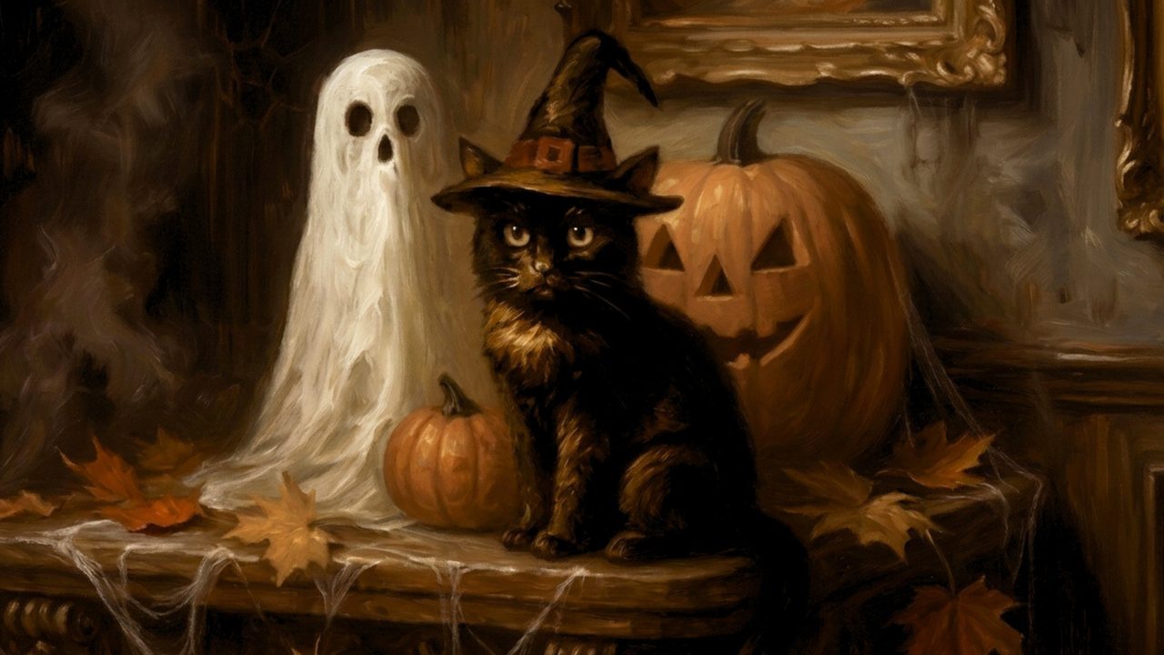 Fall Frame TV Art, Vintage Autumn Oil Painting (Ghost and Cat in Witch Hat)